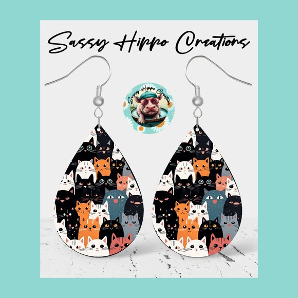 Earrings Cats Kittens Cat Mom Life Hand Sublimated Printed on MDF Hook Backs - Picture 1 of 3